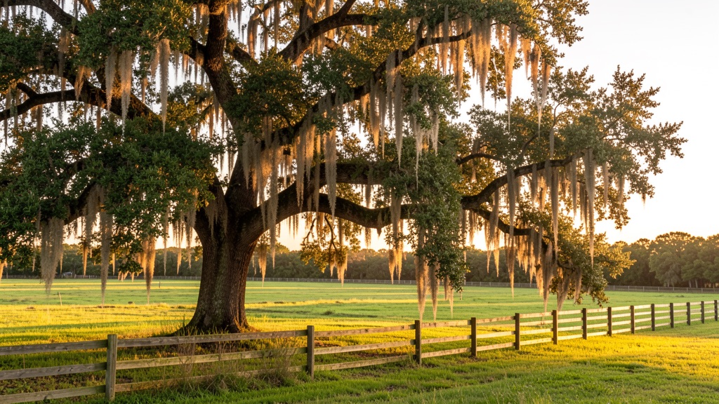 Florida live oak and open pasture with a wooden fence line