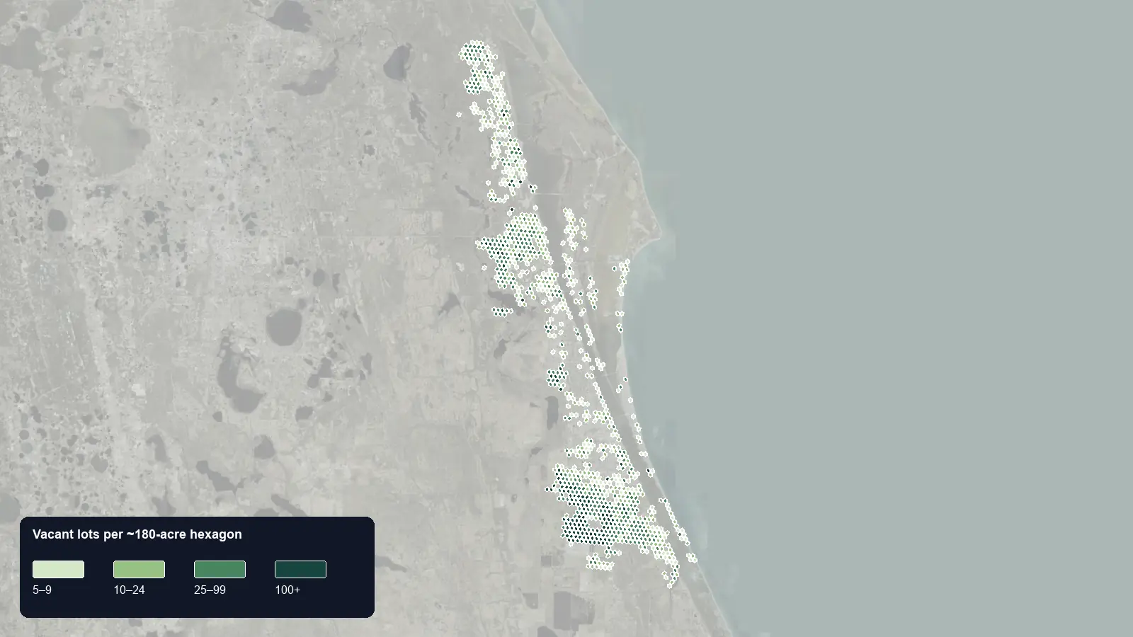 Map of where the vacant lots are in Brevard County, Florida, shaded by how many vacant lots each hexagon holds