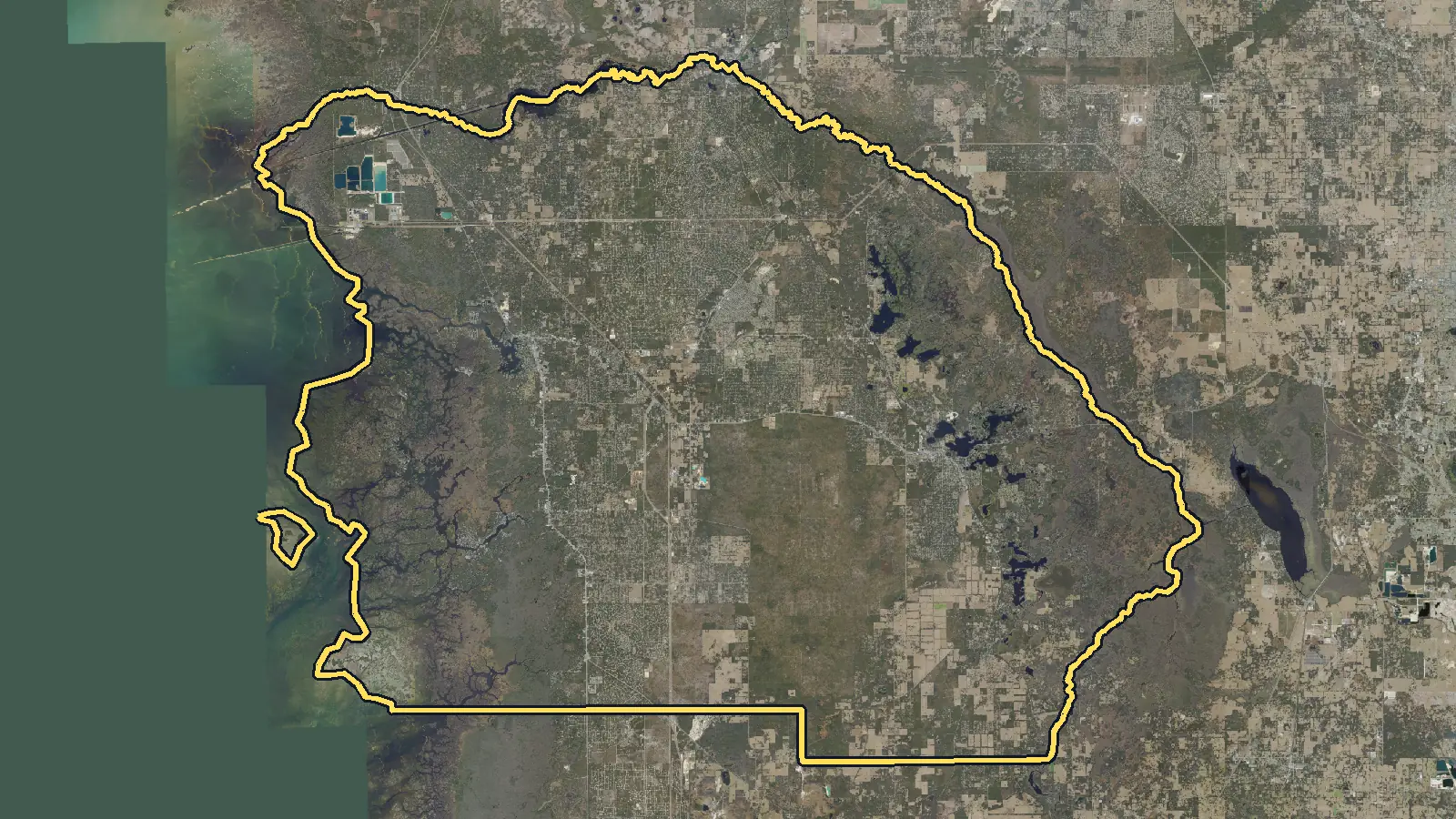 Aerial photo of Citrus County, Florida, with the county's outline drawn on it