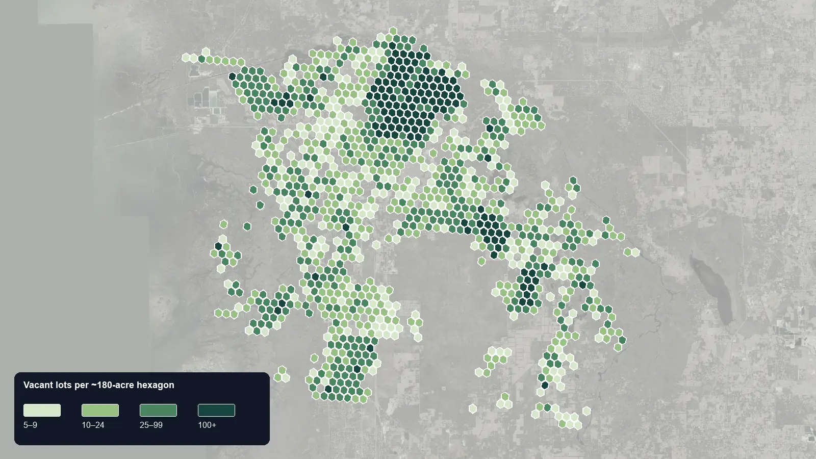 Map of where the vacant lots are in Citrus County, Florida, shaded by how many vacant lots each hexagon holds