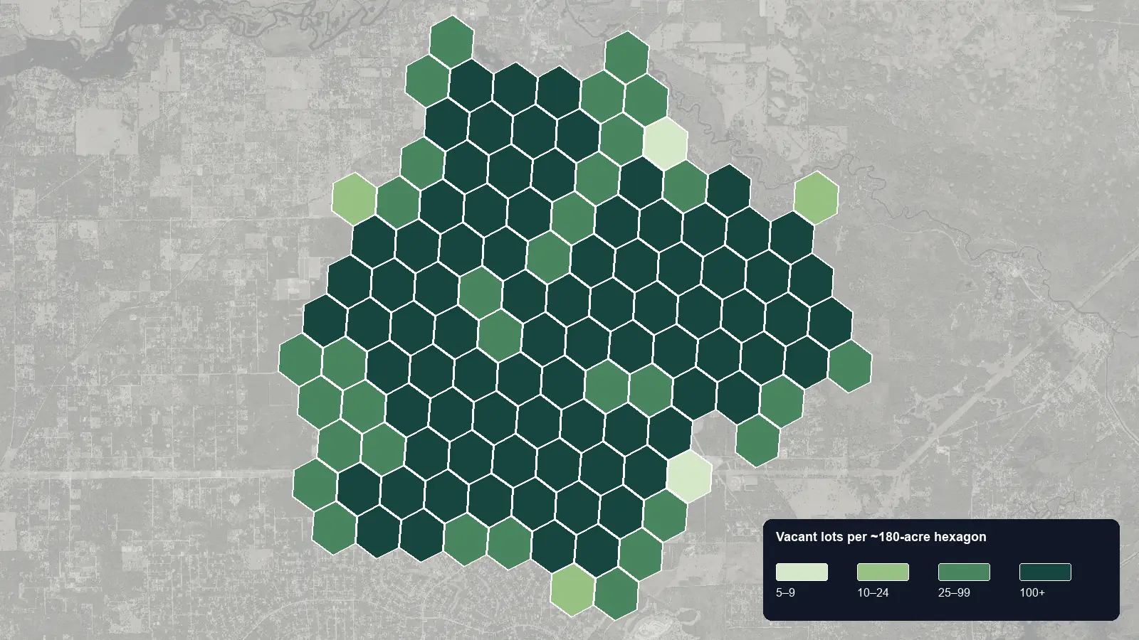 Map of where the vacant lots are in Citrus Springs, Florida, shaded by how many vacant lots each hexagon holds