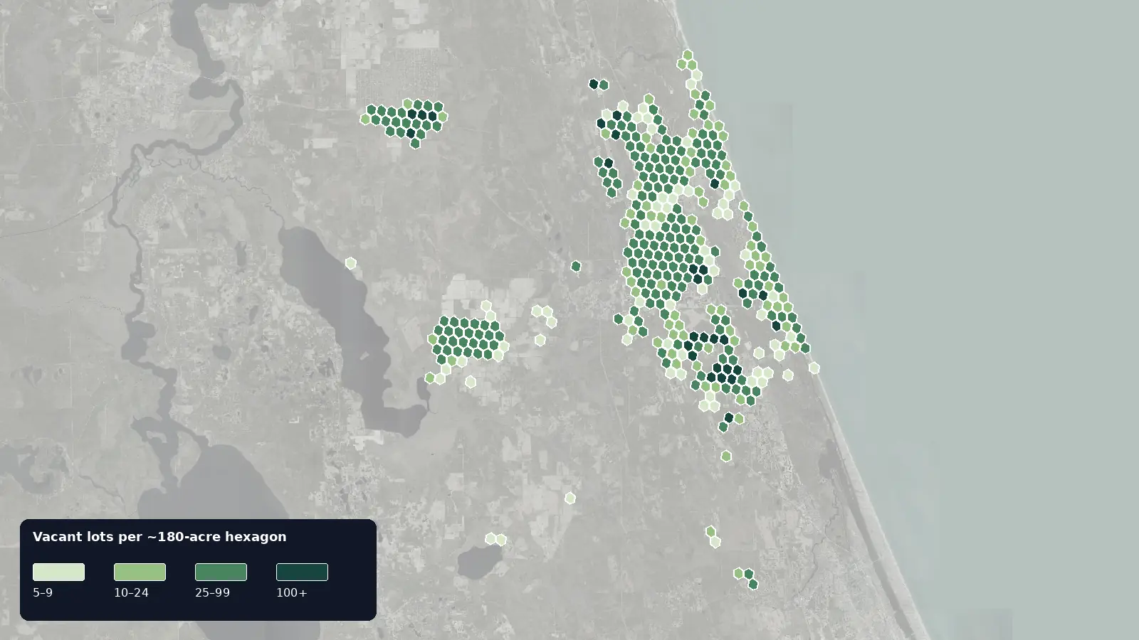 Map of where the vacant lots are in Flagler County, Florida, shaded by how many vacant lots each hexagon holds