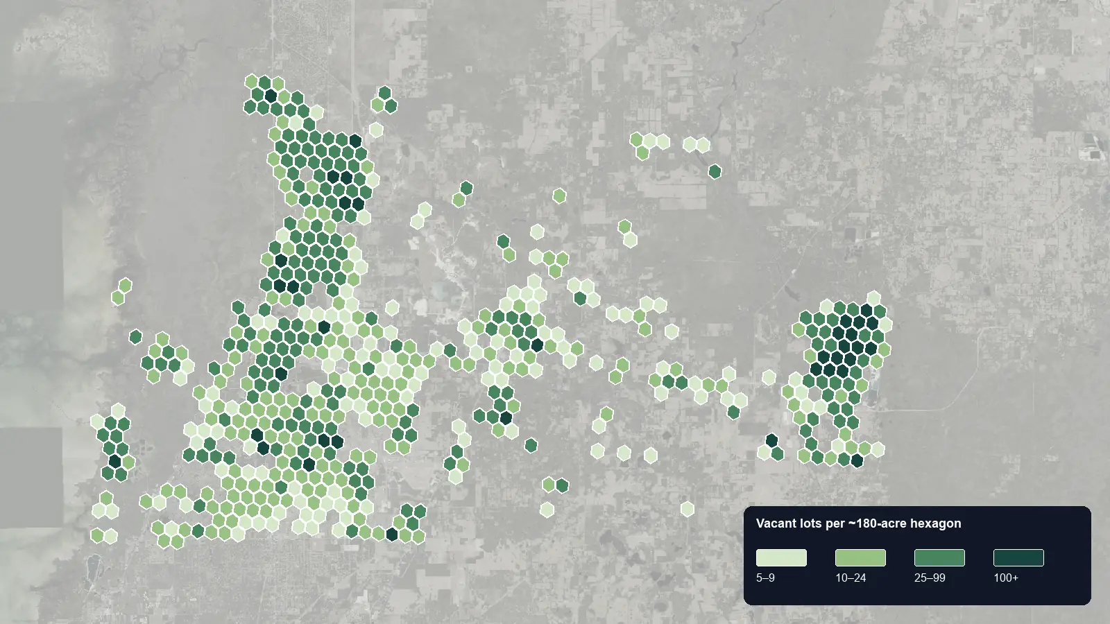 Map of where the vacant lots are in Hernando County, Florida, shaded by how many vacant lots each hexagon holds