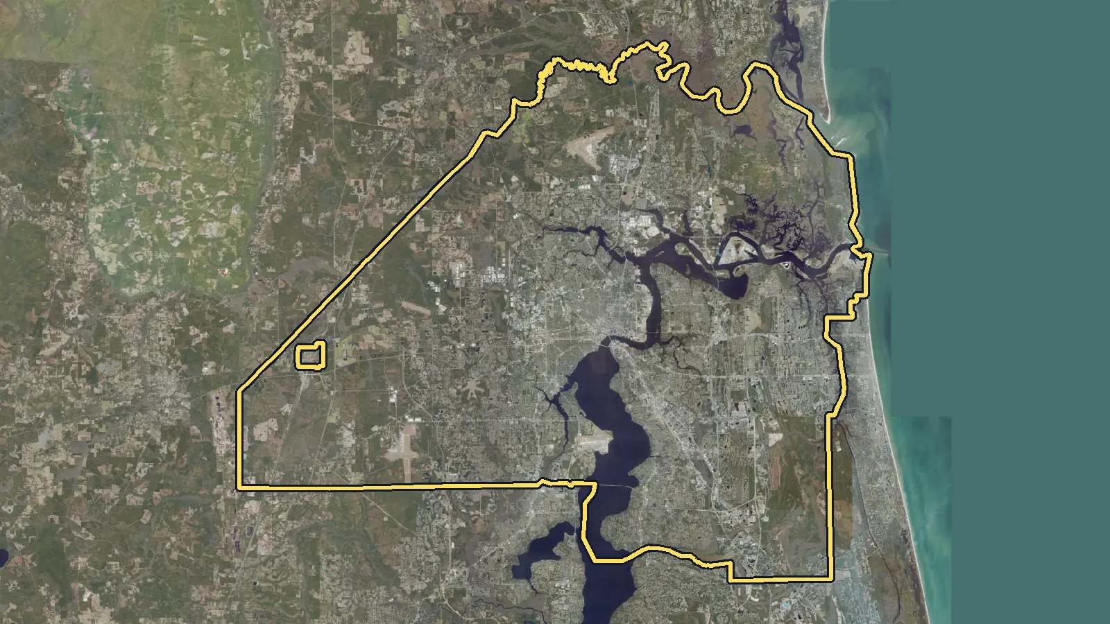 Aerial photo of Jacksonville, Florida, with the community's outline drawn on it