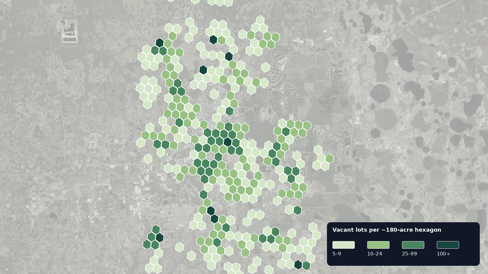 Map of where the vacant lots are in Lakeland, Florida, shaded by how many vacant lots each hexagon holds