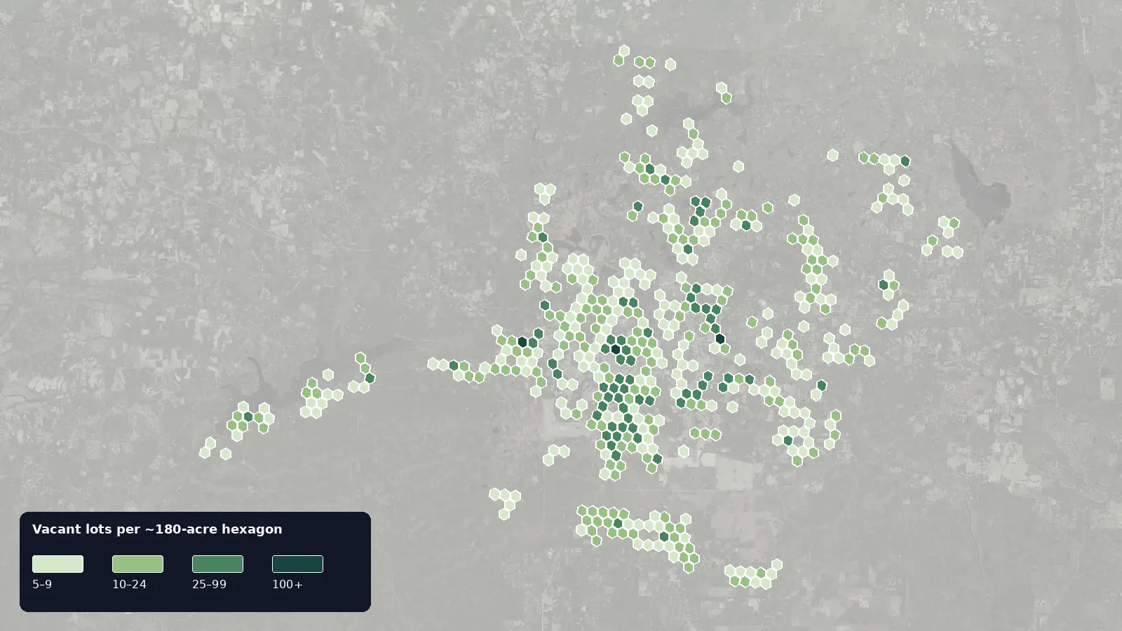 Map of where the vacant lots are in Leon County, Florida, shaded by how many vacant lots each hexagon holds
