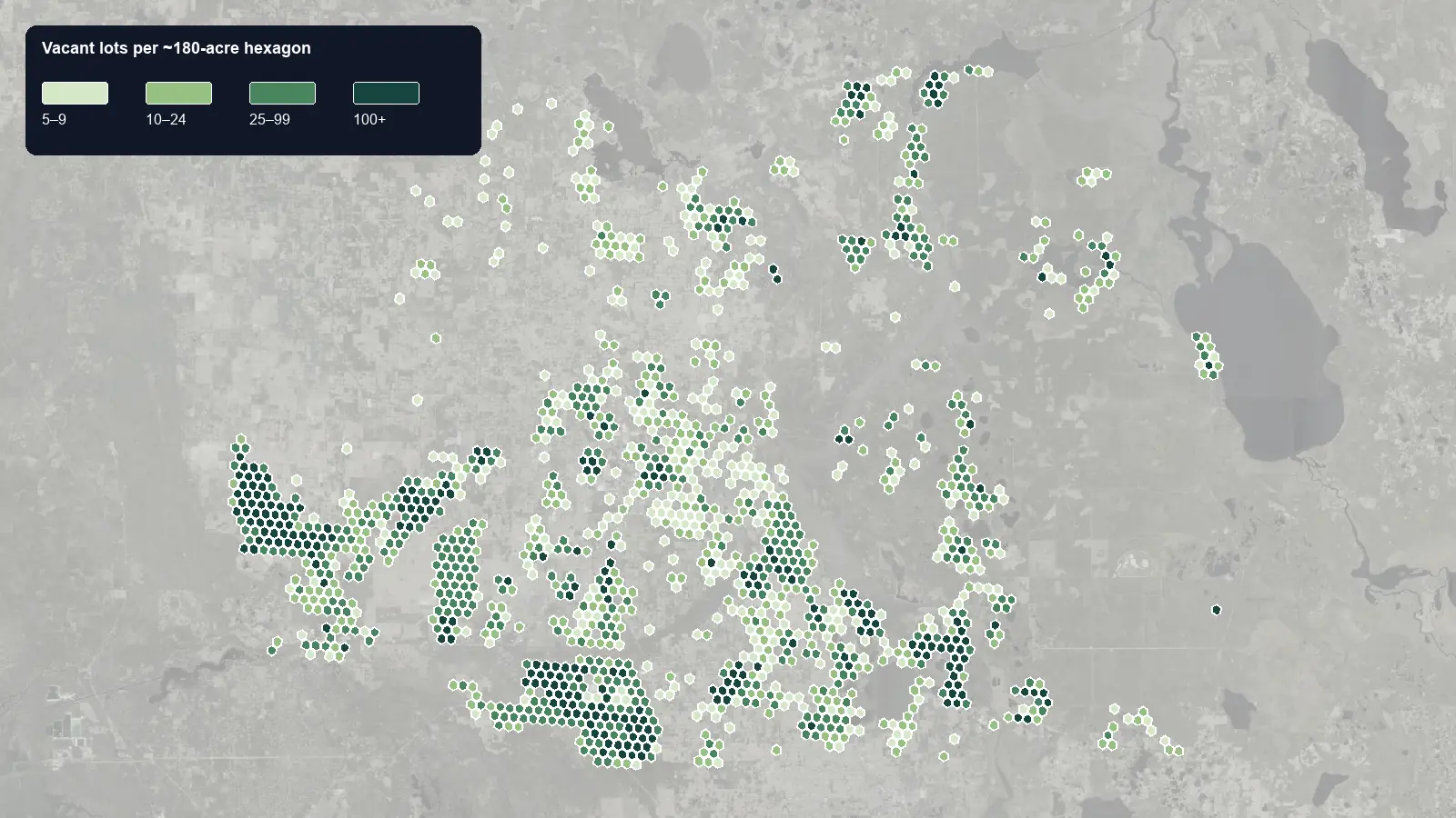 Map of where the vacant lots are in Marion County, Florida, shaded by how many vacant lots each hexagon holds