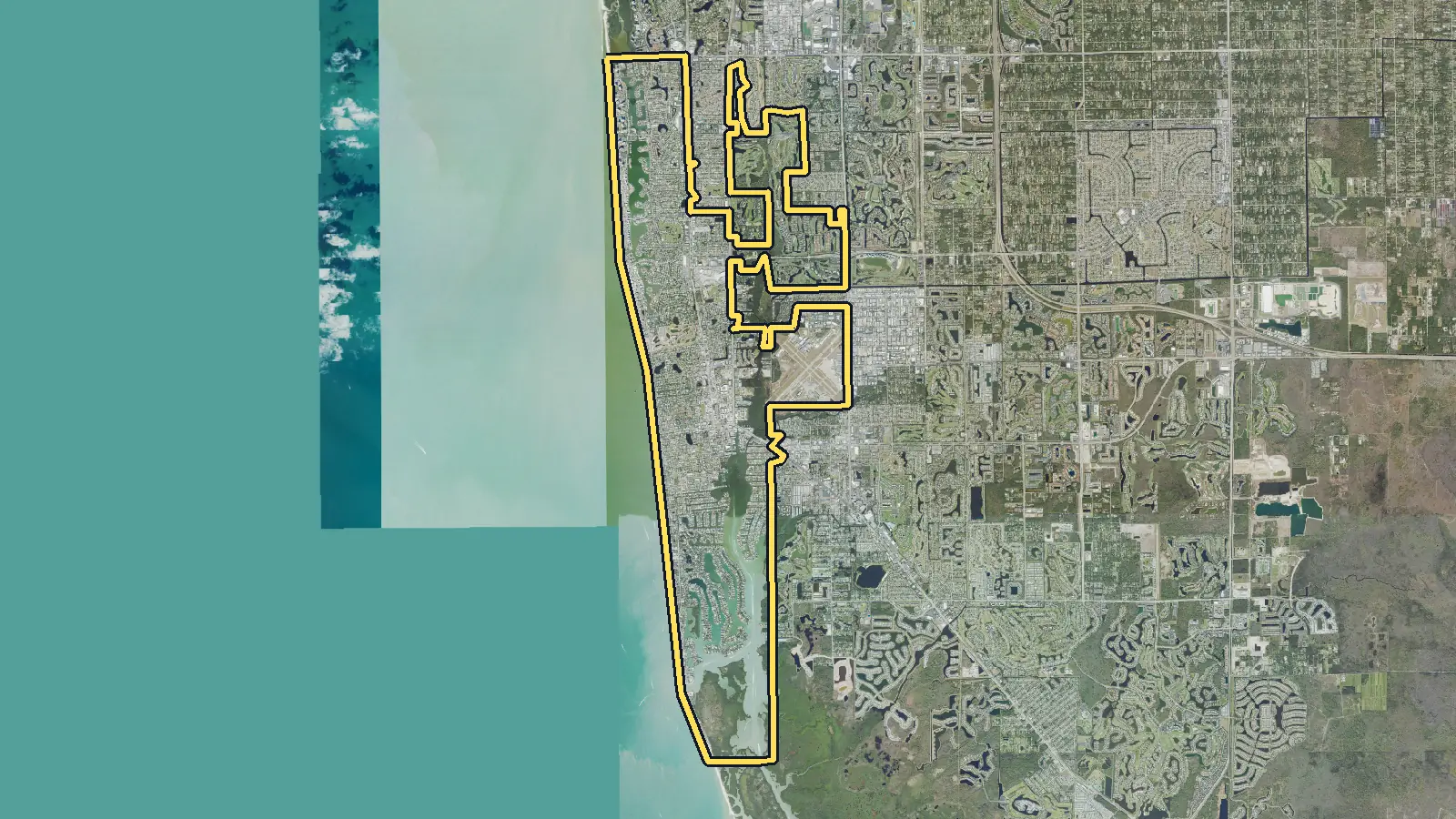 Aerial photo of Naples, Florida, with the community's outline drawn on it