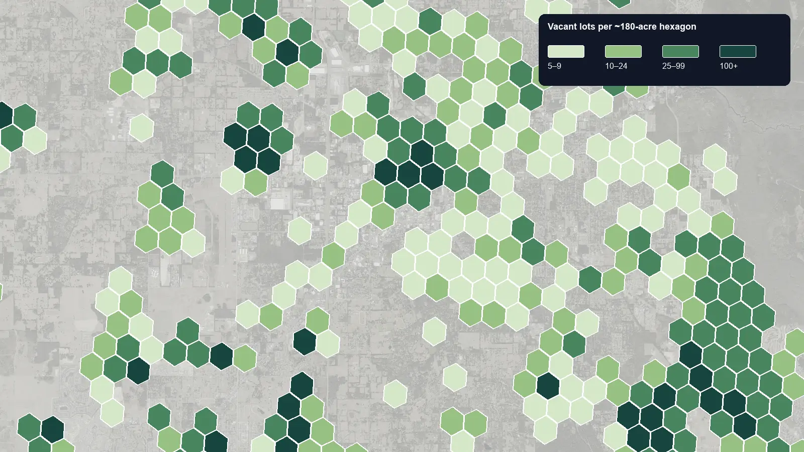Map of where the vacant lots are in Ocala, Florida, shaded by how many vacant lots each hexagon holds