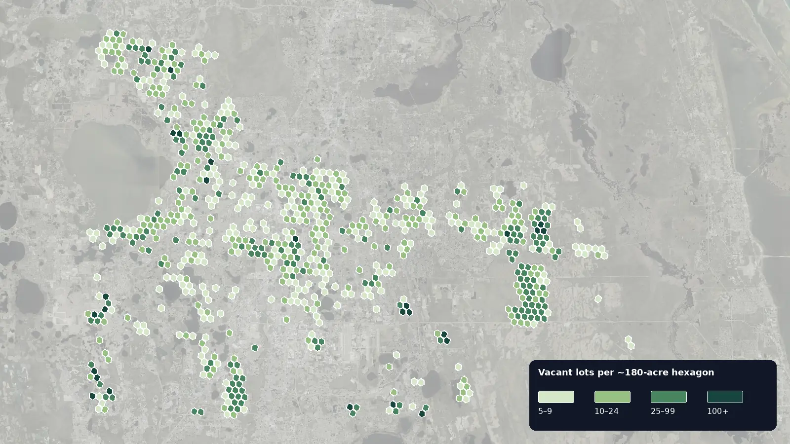 Map of where the vacant lots are in Orange County, Florida, shaded by how many vacant lots each hexagon holds