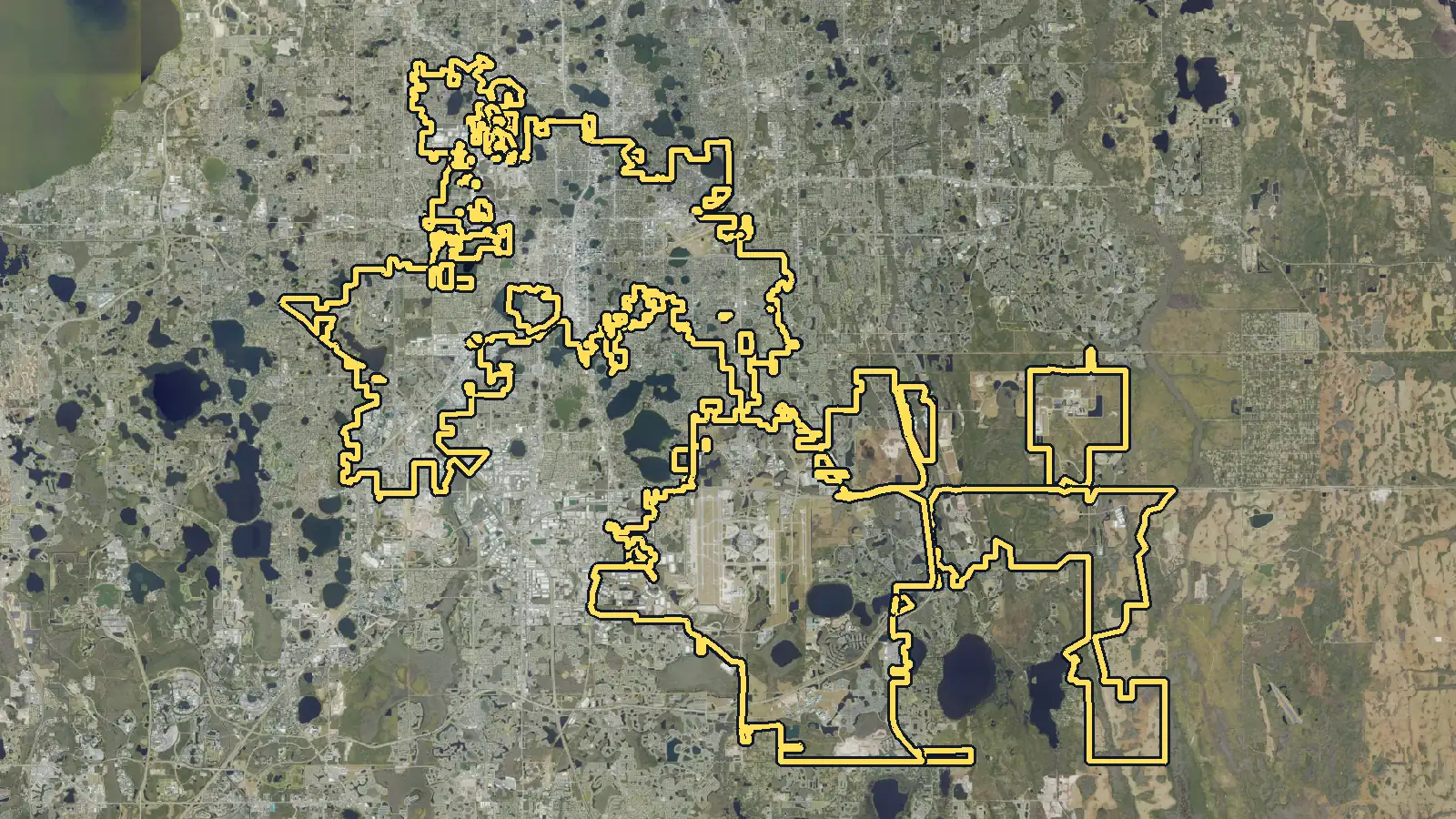 Aerial photo of Orlando, Florida, with the community's outline drawn on it