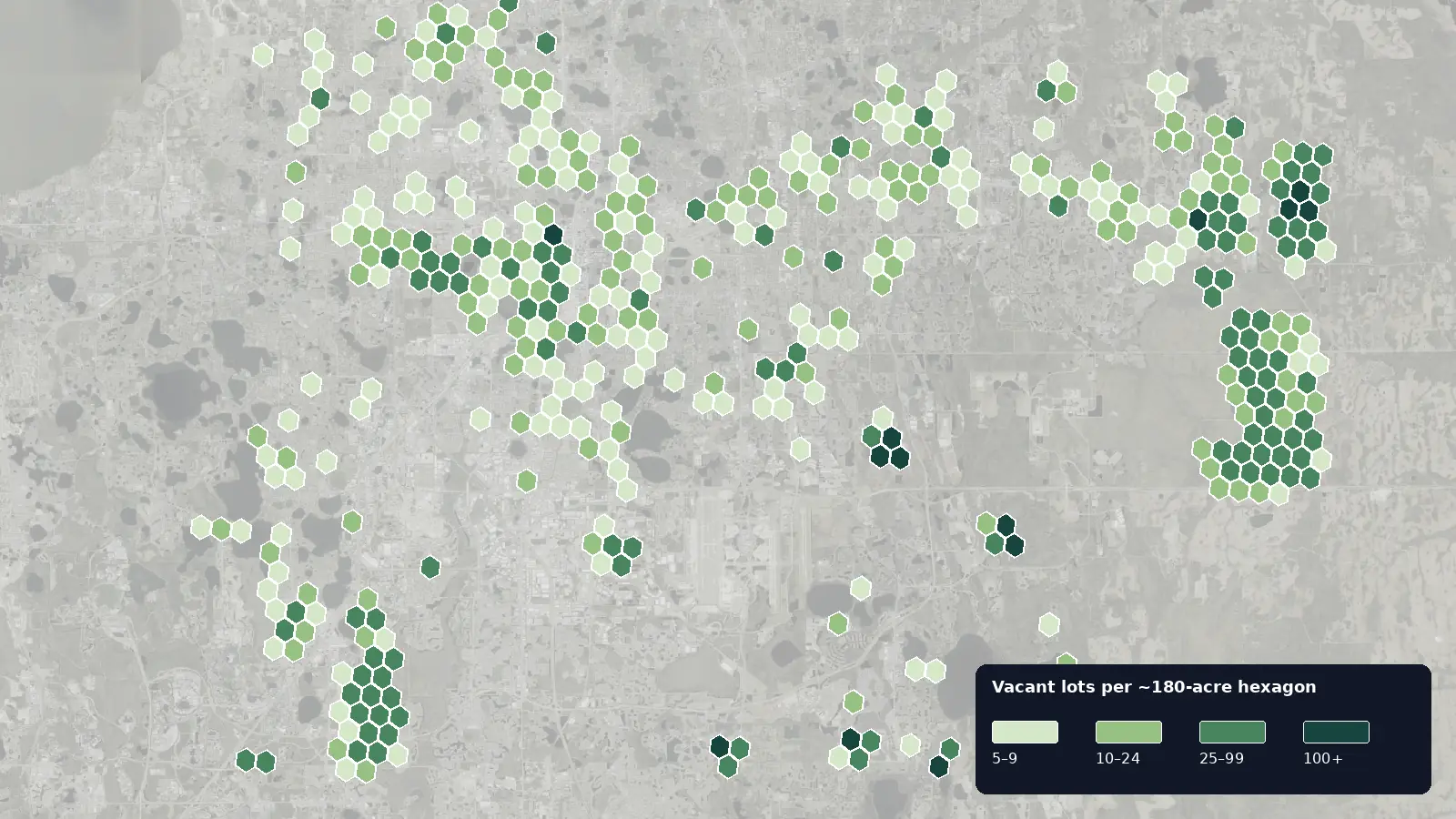 Map of where the vacant lots are in Orlando, Florida, shaded by how many vacant lots each hexagon holds