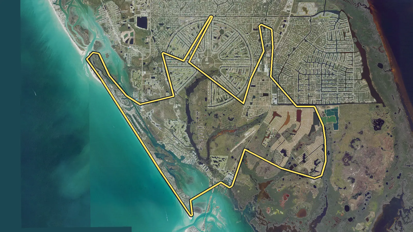 Aerial photo of Placida, Florida, with the community's outline drawn on it