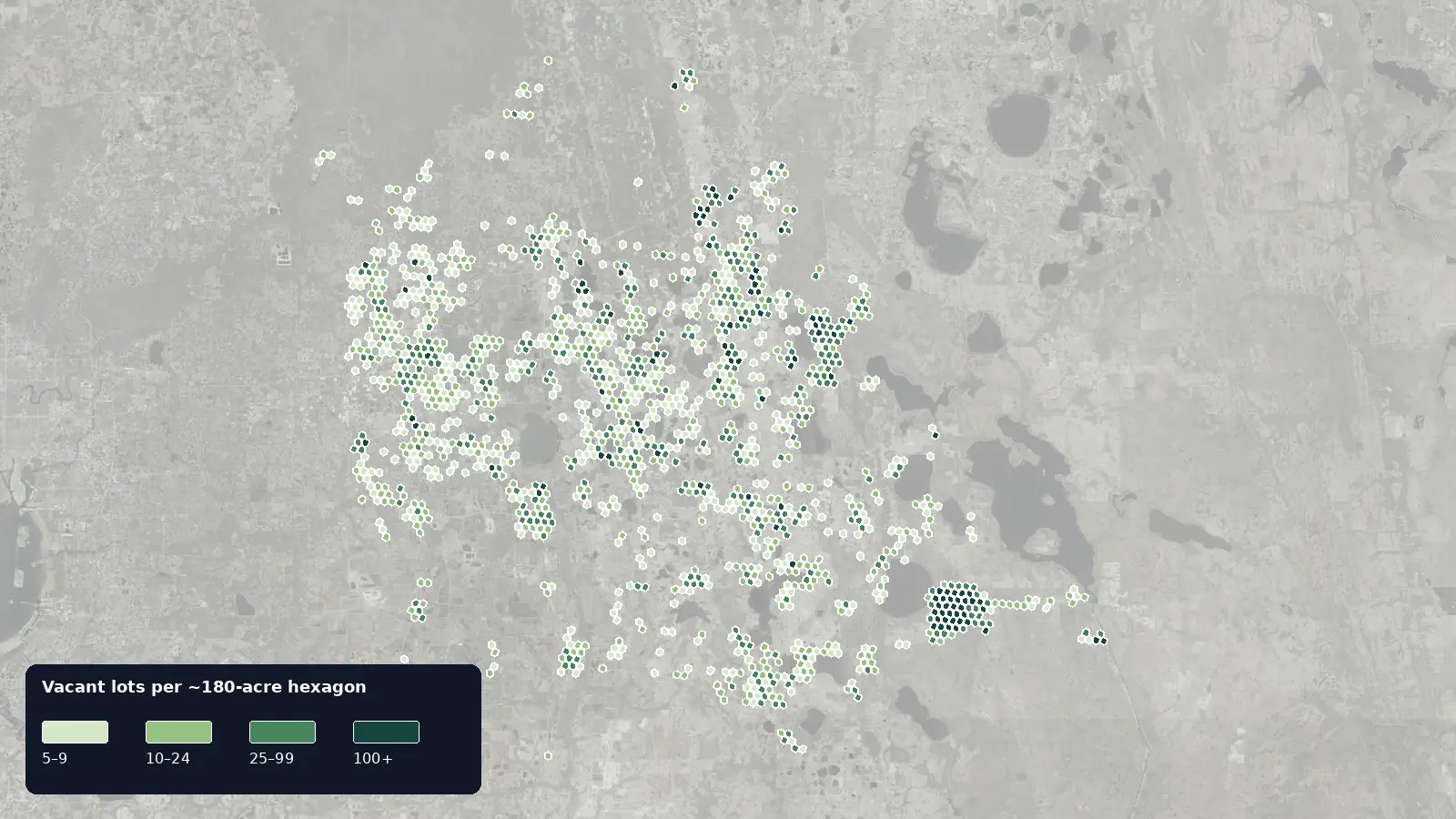 Map of where the vacant lots are in Polk County, Florida, shaded by how many vacant lots each hexagon holds