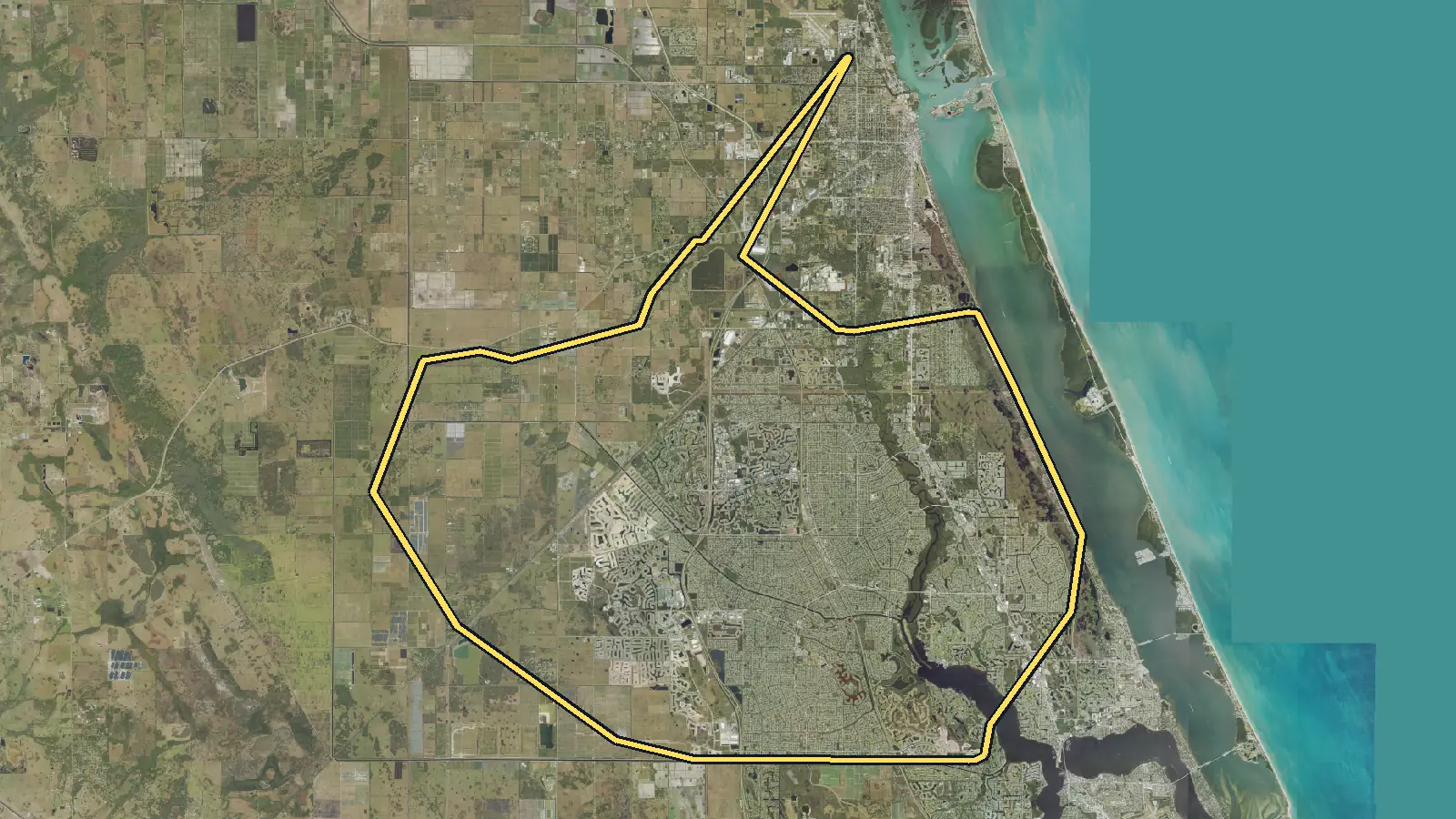 Aerial photo of Port St. Lucie, Florida, with the community's outline drawn on it