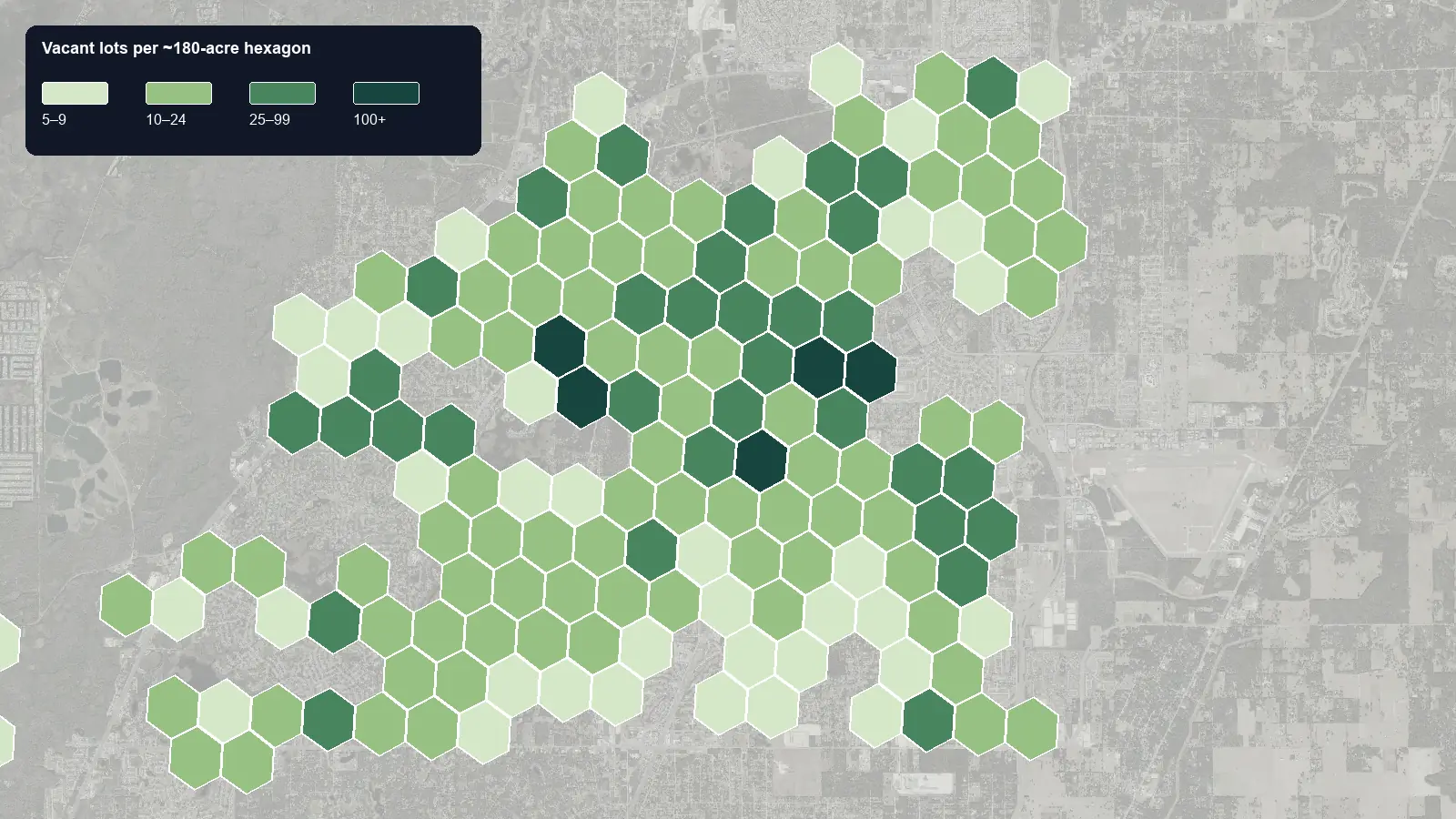 Map of where the vacant lots are in Spring Hill, Florida, shaded by how many vacant lots each hexagon holds