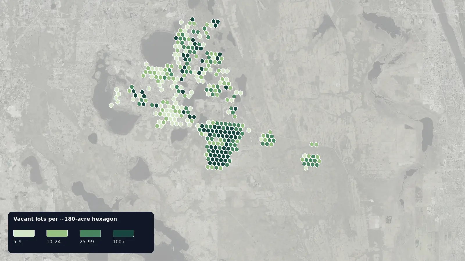 Map of where the vacant lots are in St. Cloud, Florida, shaded by how many vacant lots each hexagon holds
