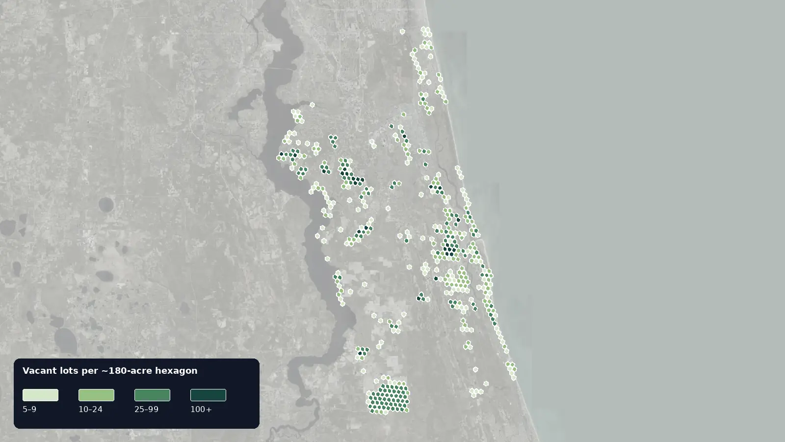 Map of where the vacant lots are in St. Johns County, Florida, shaded by how many vacant lots each hexagon holds