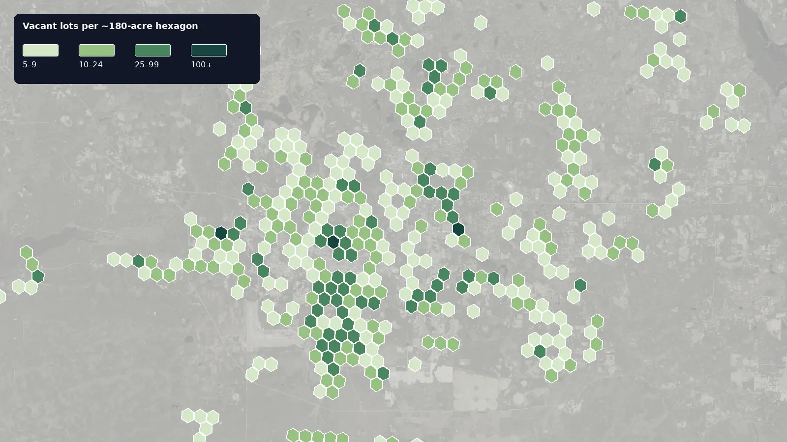 Map of where the vacant lots are in Tallahassee, Florida, shaded by how many vacant lots each hexagon holds