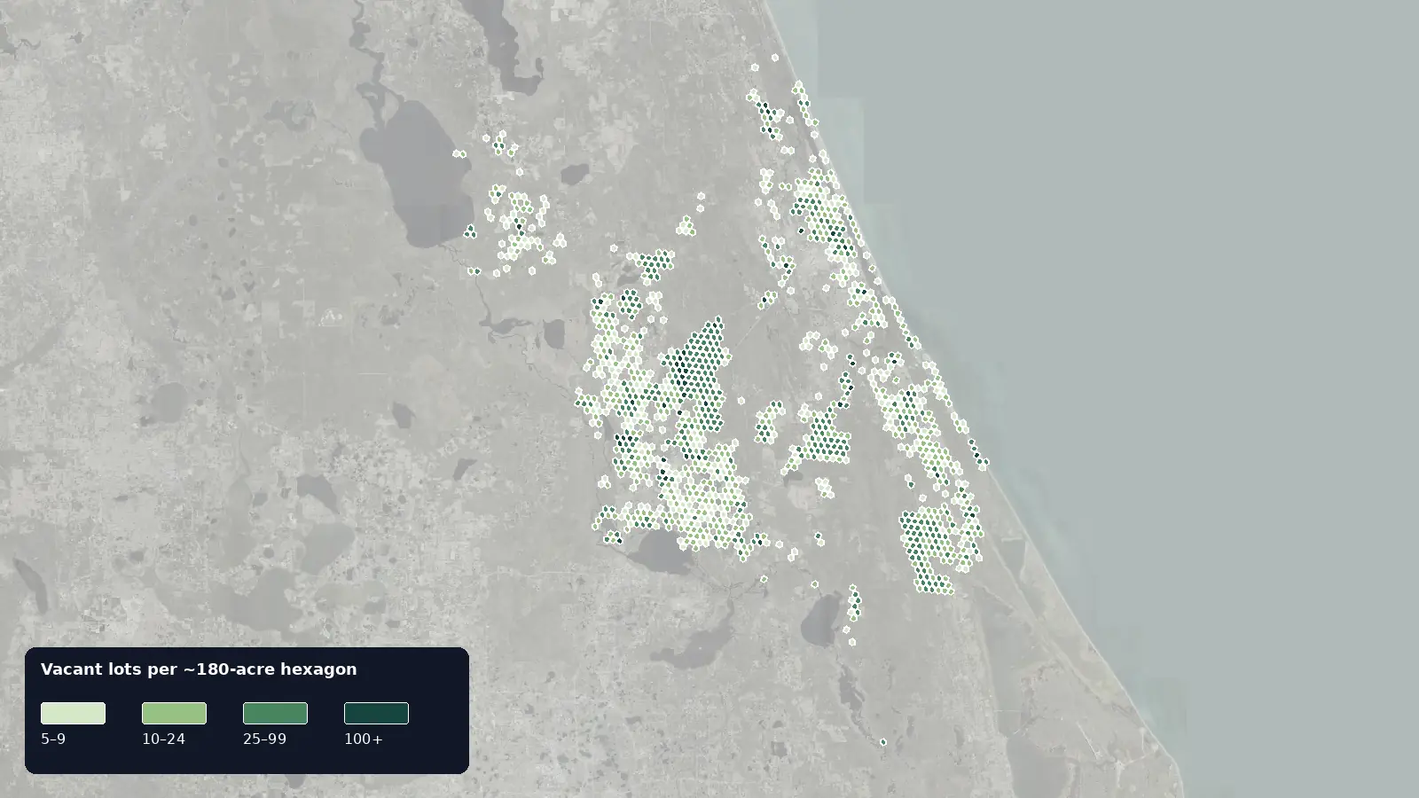 Map of where the vacant lots are in Volusia County, Florida, shaded by how many vacant lots each hexagon holds