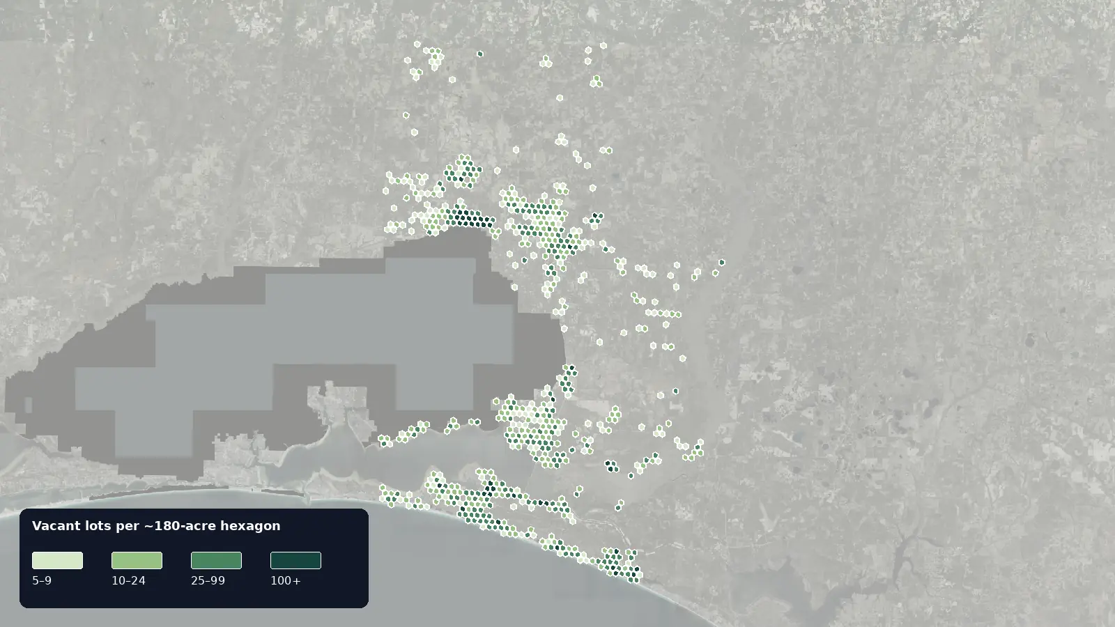 Map of where the vacant lots are in Walton County, Florida, shaded by how many vacant lots each hexagon holds