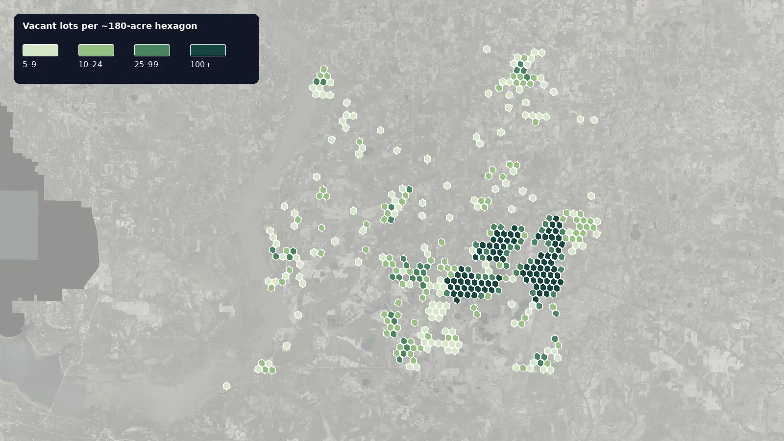 Map of where the vacant lots are in Washington County, Florida, shaded by how many vacant lots each hexagon holds