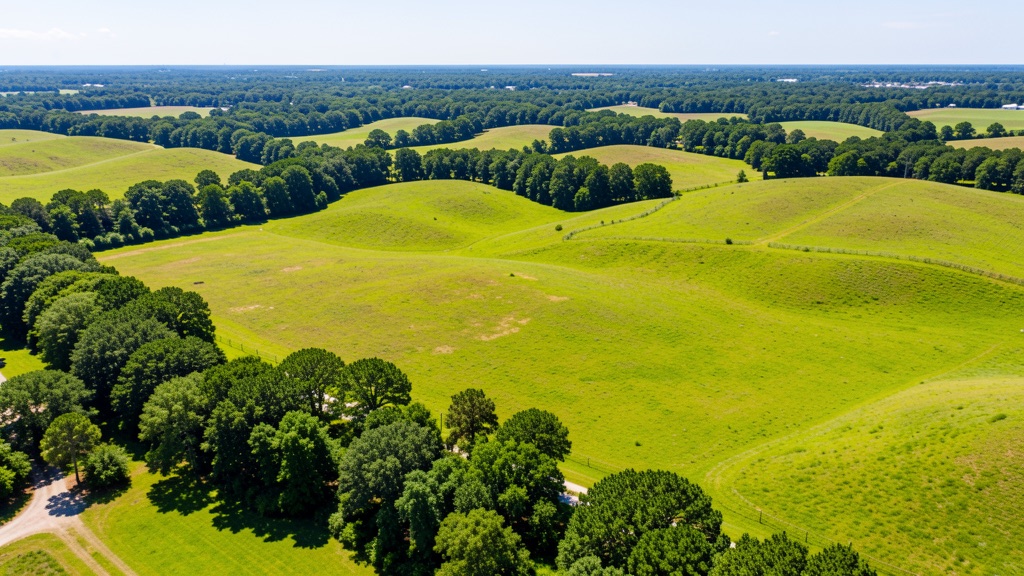 Aerial view of rural acreage with tree lines and open meadow