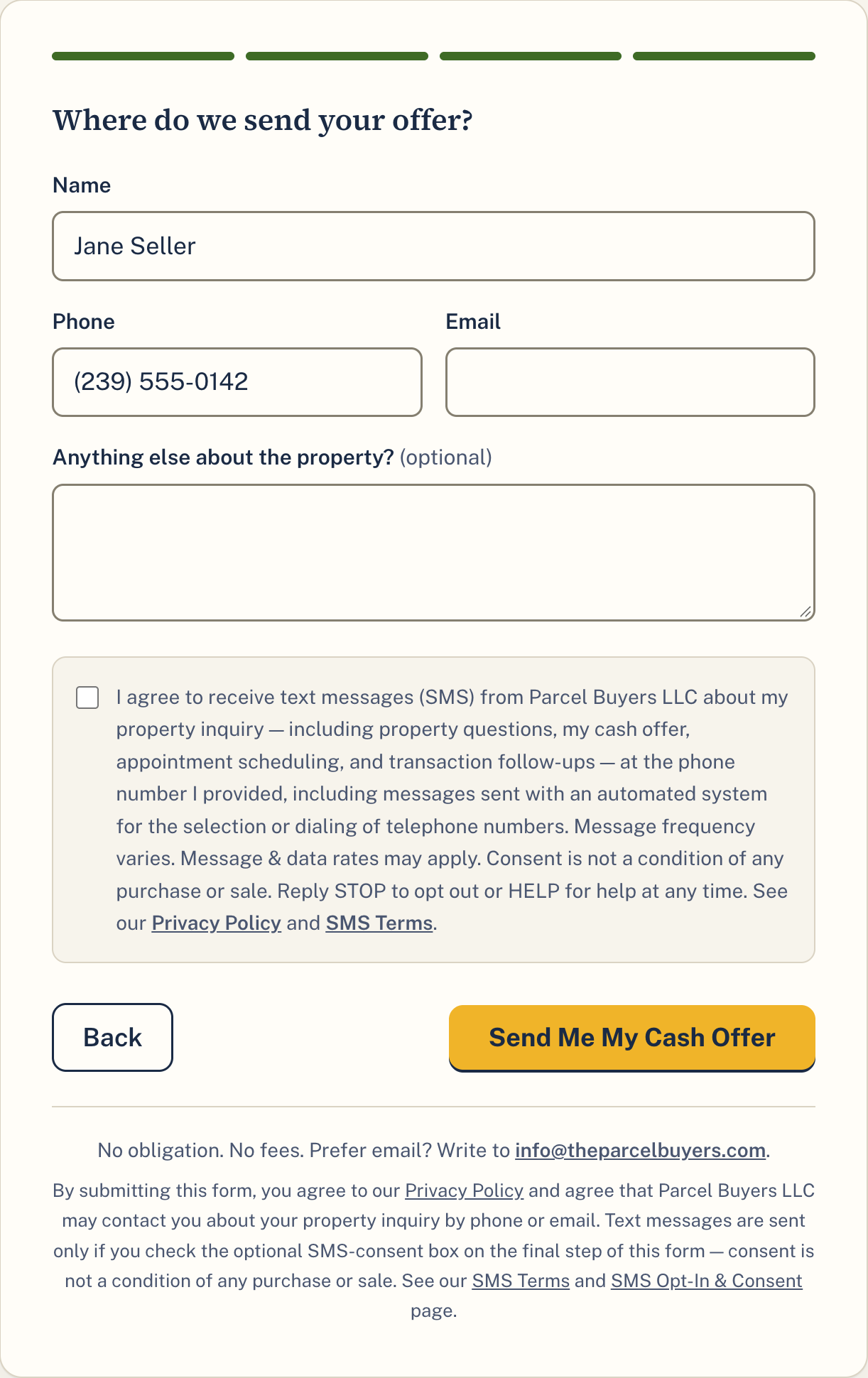 Screenshot of the contact step of the Parcel Buyers property-inquiry form, showing the optional SMS-consent checkbox unchecked by default below the phone-number field